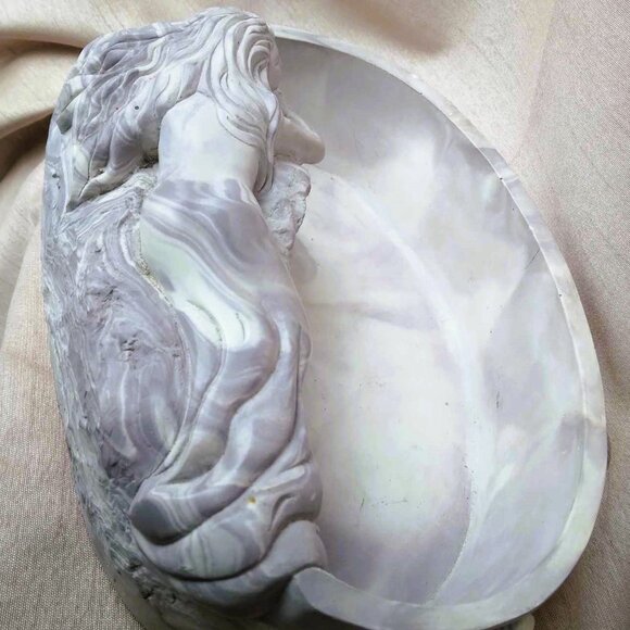 Sculpted Reclining Mermaid with Shells on Oval Carved Soapstone Trinket Dish - Picture 3 of 11